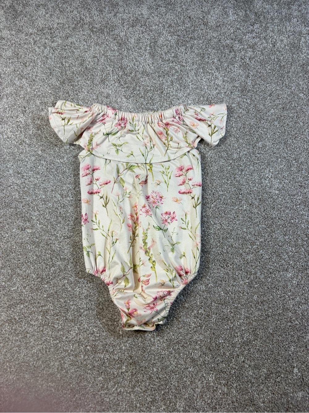 Baileys Blossoms Off-Shoulder Floral Baby Romper in Cream and Pink
